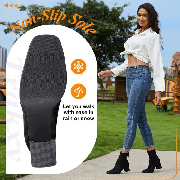 Women's Square Toe Ankle Chestnut Boot Faux Suede Low Black Heel Chelsea Shoes - Picture 5 of 7